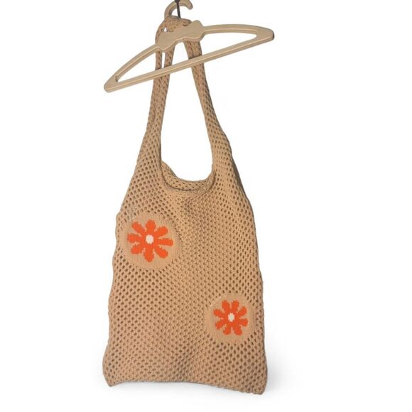 Crochet Mesh Tote Bag Beige Tan Orange - Picture 2 of 4